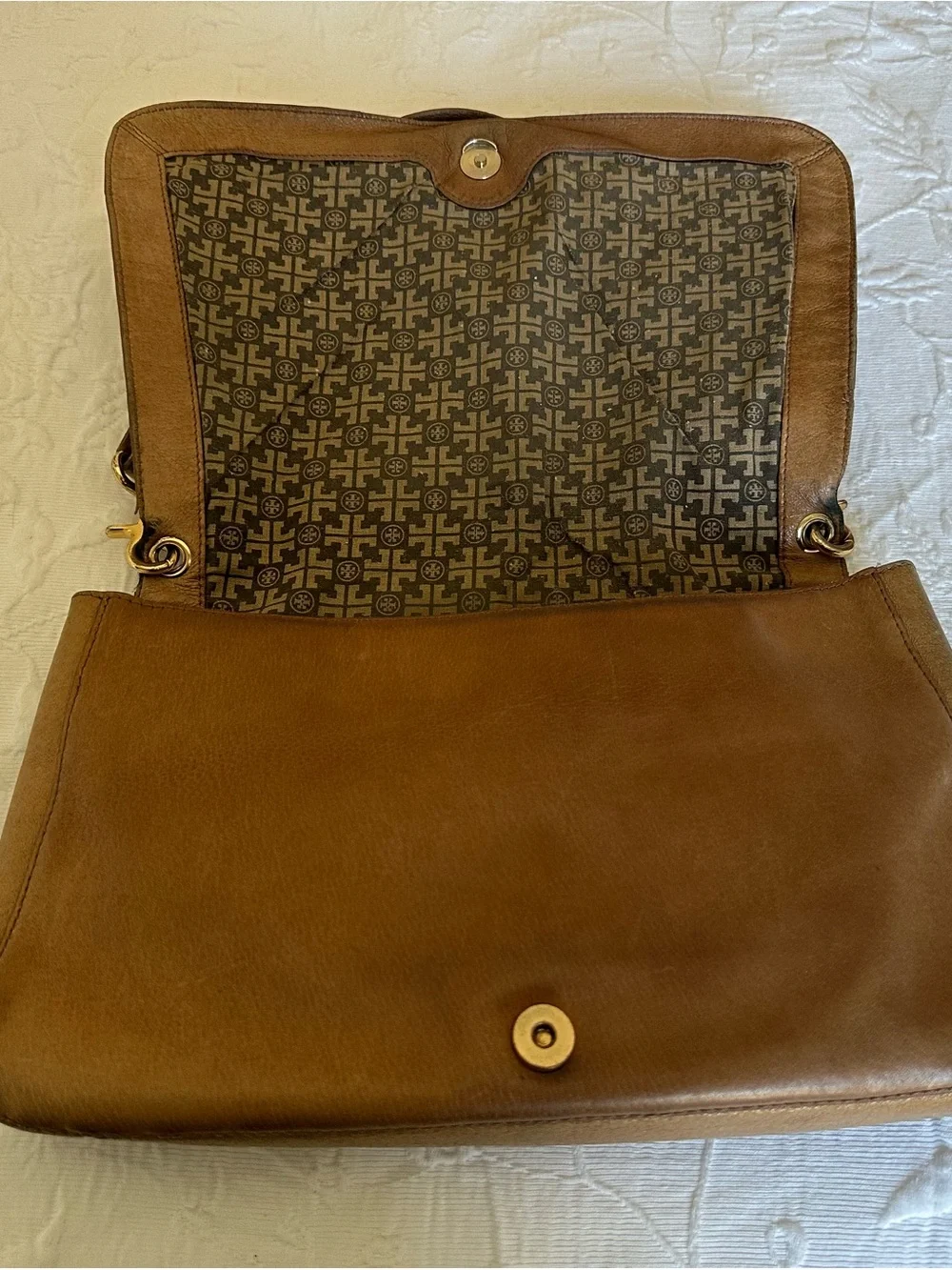 Tory Burch Tan Distressed Leather Shoulder Bag with Gold Logo Medallion